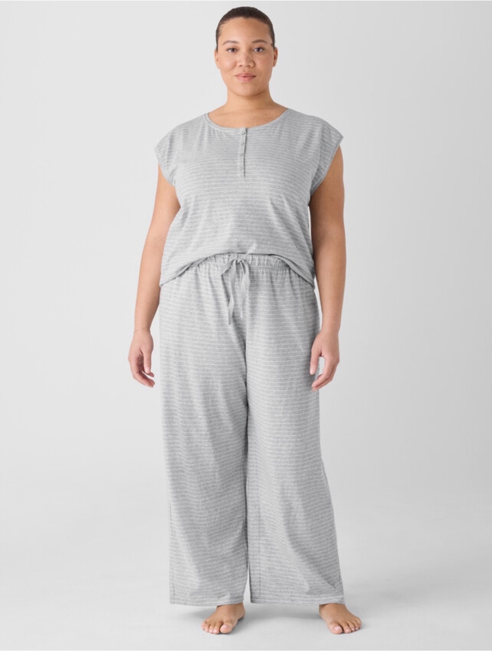 Eileen Fisher Striped Organic Cotton Jersey Henley Short sleeve Sleep Top 3X NEW